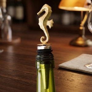 Seahorse Wine Bottle Stopper – Stainless Steel with Brass Finish Top & Silicone Seal