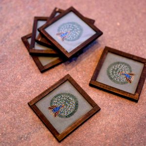 Dancing Peacock Handwoven Coasters - Set Of 2 Pcs with Coaster Holder