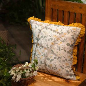 Golden Petals – Floral Print Cotton Cushion