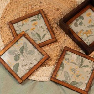 Rustic Charm – Handcrafted Wooden Frame Fabric Coasters with Glass Top (Set of 4 + Case)