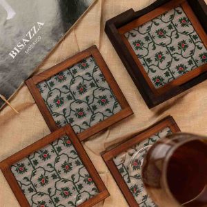 Heritage Charm – Handcrafted Wooden Frame Fabric Coasters with Glass Top (Set of 4 + Case)