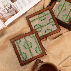 Floral Grace – Handcrafted Wooden Frame Fabric Coasters with Glass Top (Set of 4 + Case)