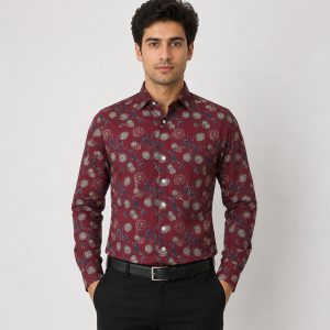 Maroon Floral Block Printed Full Sleeve Cotton Shirt