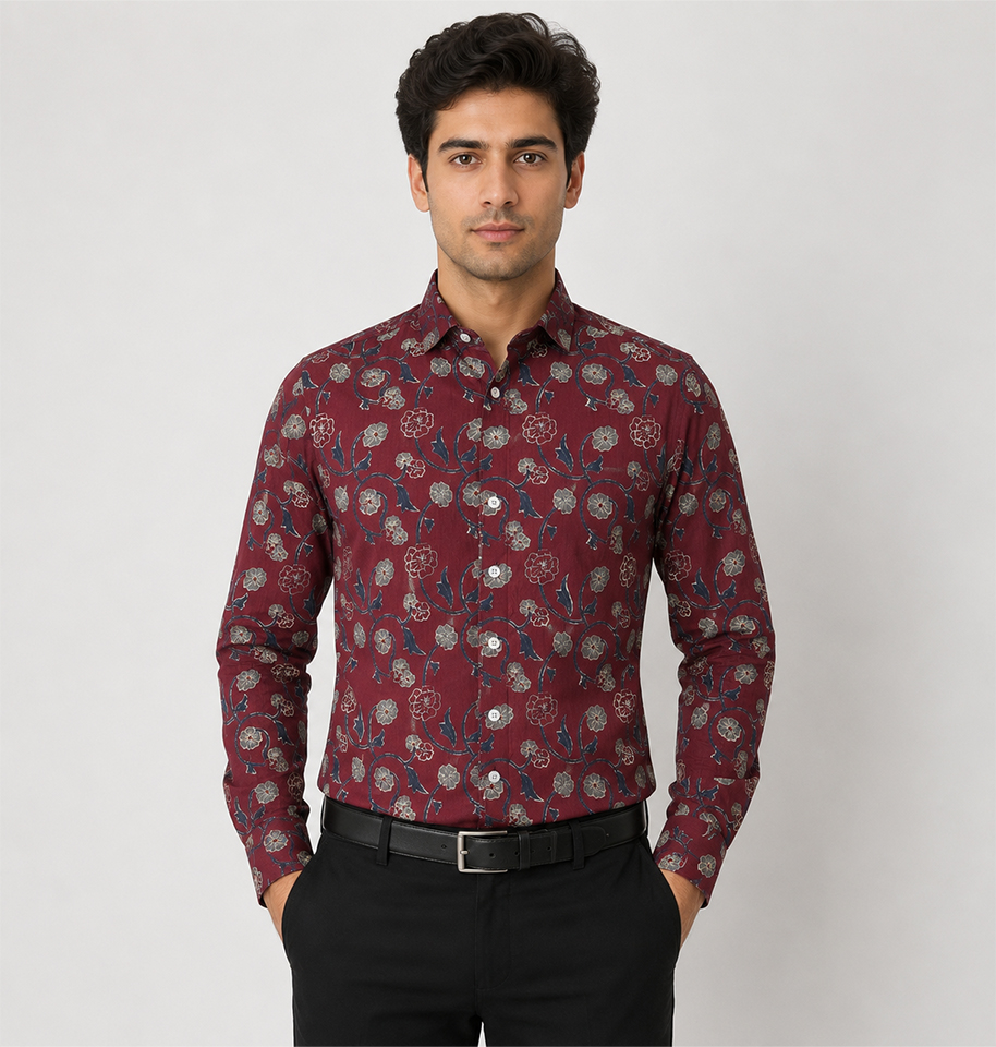 Maroon Floral Block Printed Full Sleeve Cotton Shirt