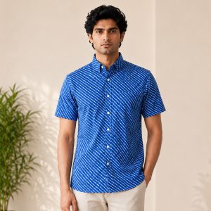 Royal Blue Leheriya Block Printed Half Sleeve Cotton Shirt
