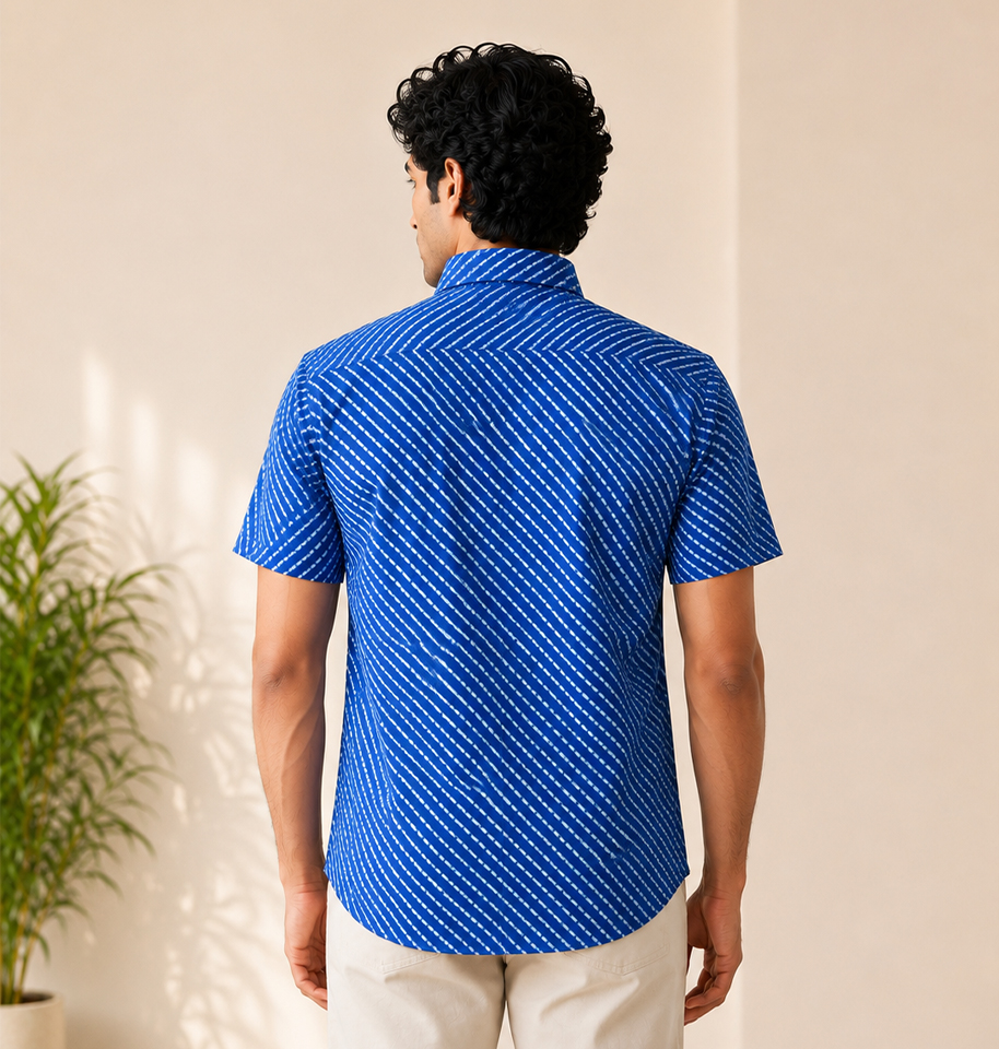 Royal Blue Leheriya Block Printed Half Sleeve Cotton Shirt - Image 4