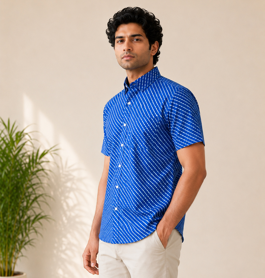 Royal Blue Leheriya Block Printed Half Sleeve Cotton Shirt - Image 3