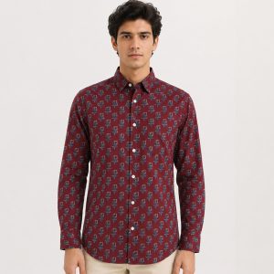 Maroon Floral Block Printed Full Sleeve Cotton Shirt