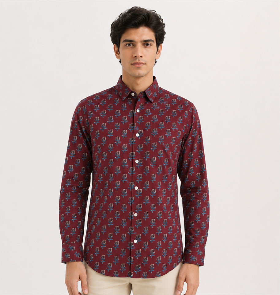 Maroon Floral Block Printed Full Sleeve Cotton Shirt