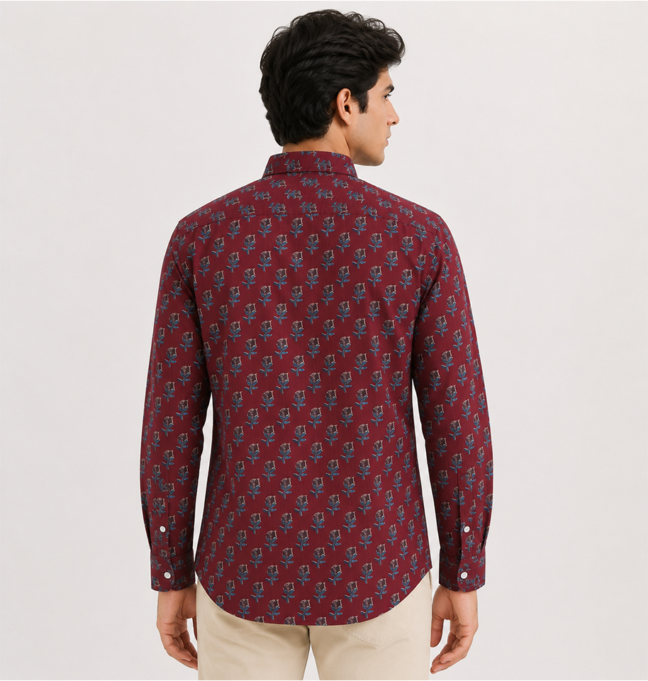 Maroon Floral Block Printed Full Sleeve Cotton Shirt - Image 3