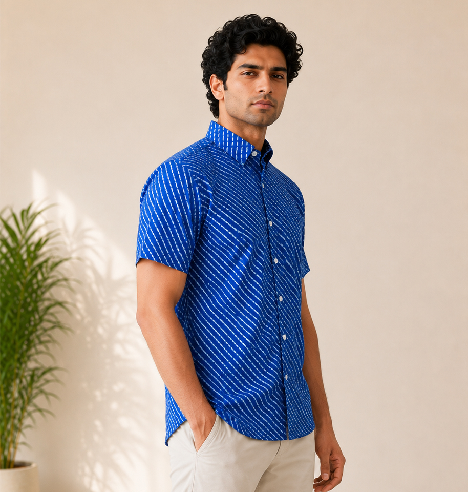 Royal Blue Leheriya Block Printed Half Sleeve Cotton Shirt - Image 2