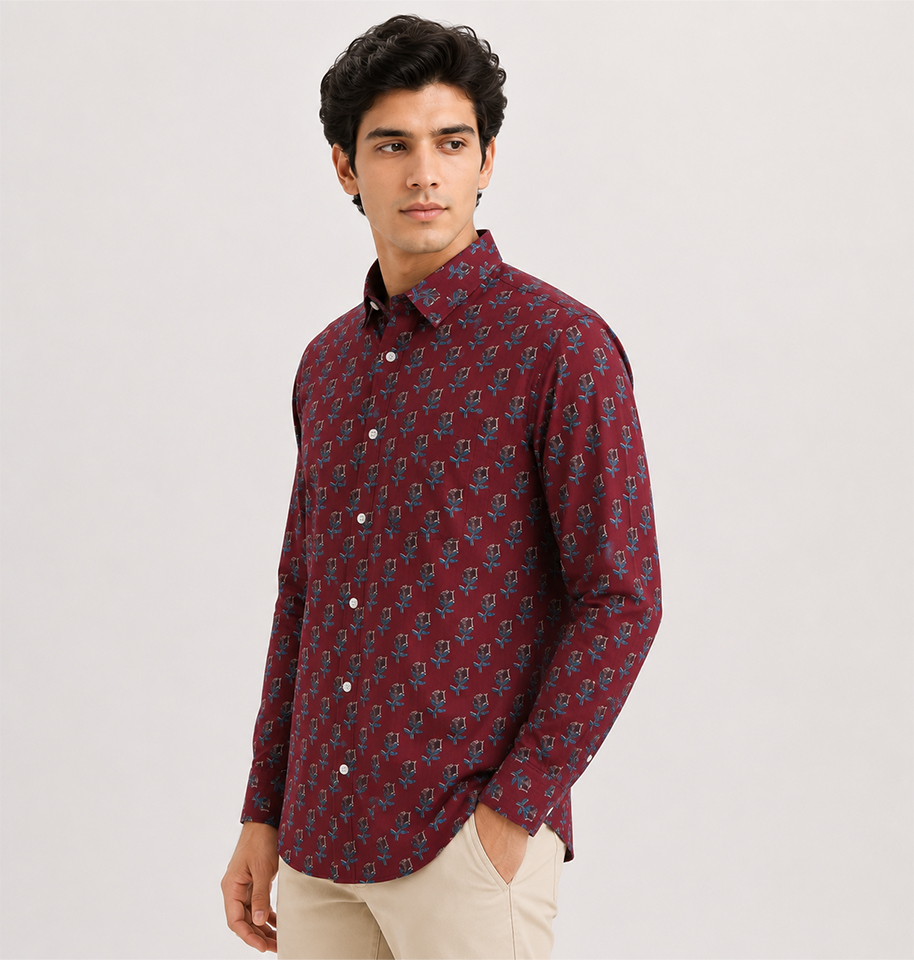 Maroon Floral Block Printed Full Sleeve Cotton Shirt - Image 2
