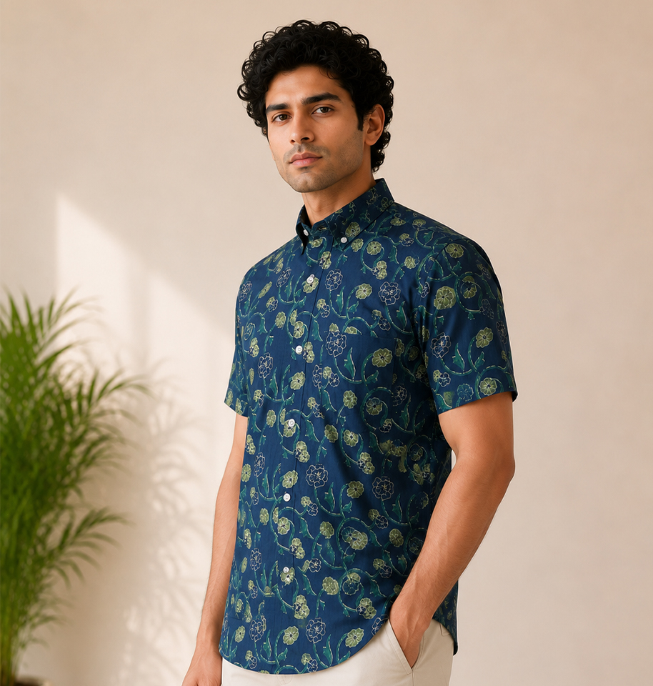 Navy Blue Floral Block Printed Half Sleeve Cotton Shirt - Image 2