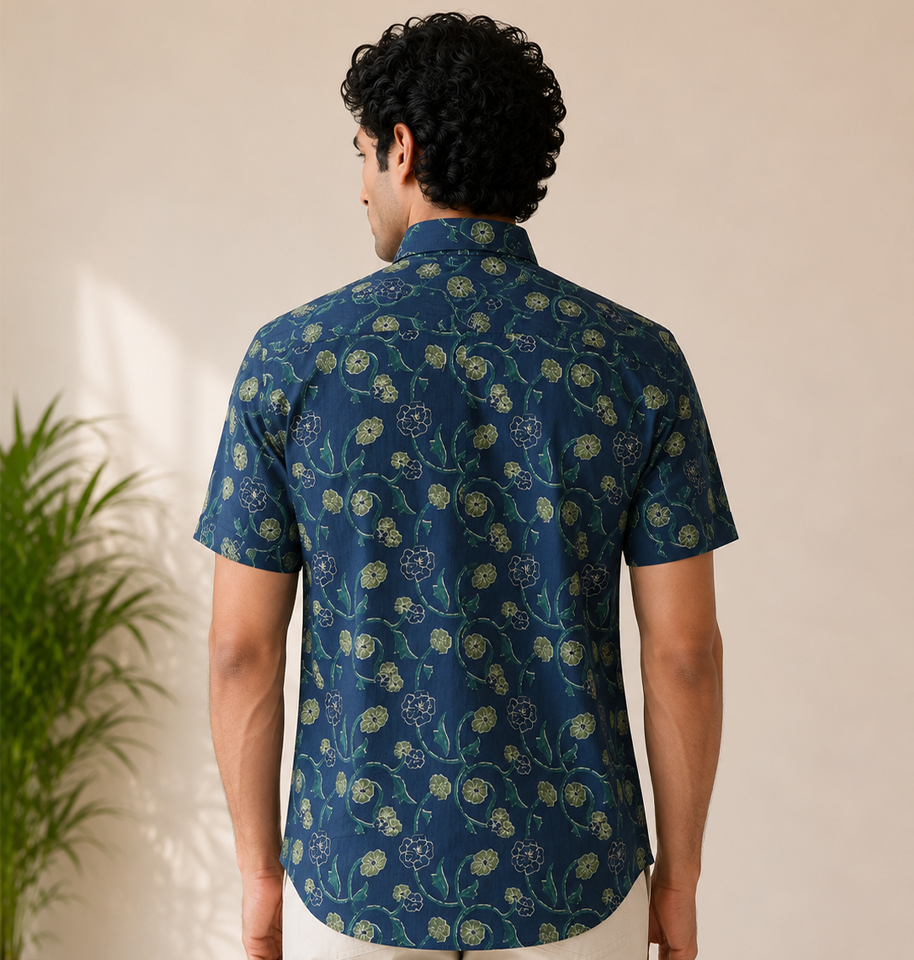 Navy Blue Floral Block Printed Half Sleeve Cotton Shirt - Image 3