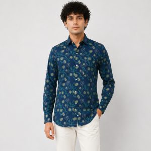 Navy Blue Floral Block Printed Full Sleeve Cotton Shirt