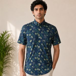 Navy Blue Floral Block Printed Half Sleeve Cotton Shirt