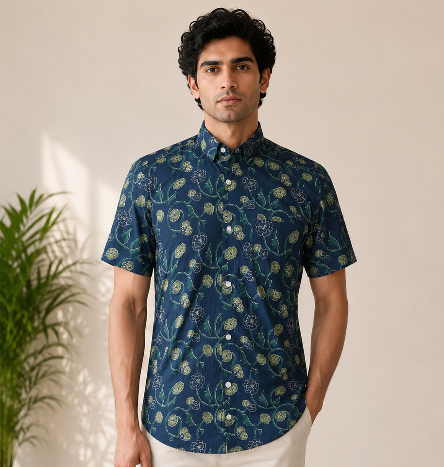 Navy Blue Floral Block Printed Half Sleeve Cotton Shirt