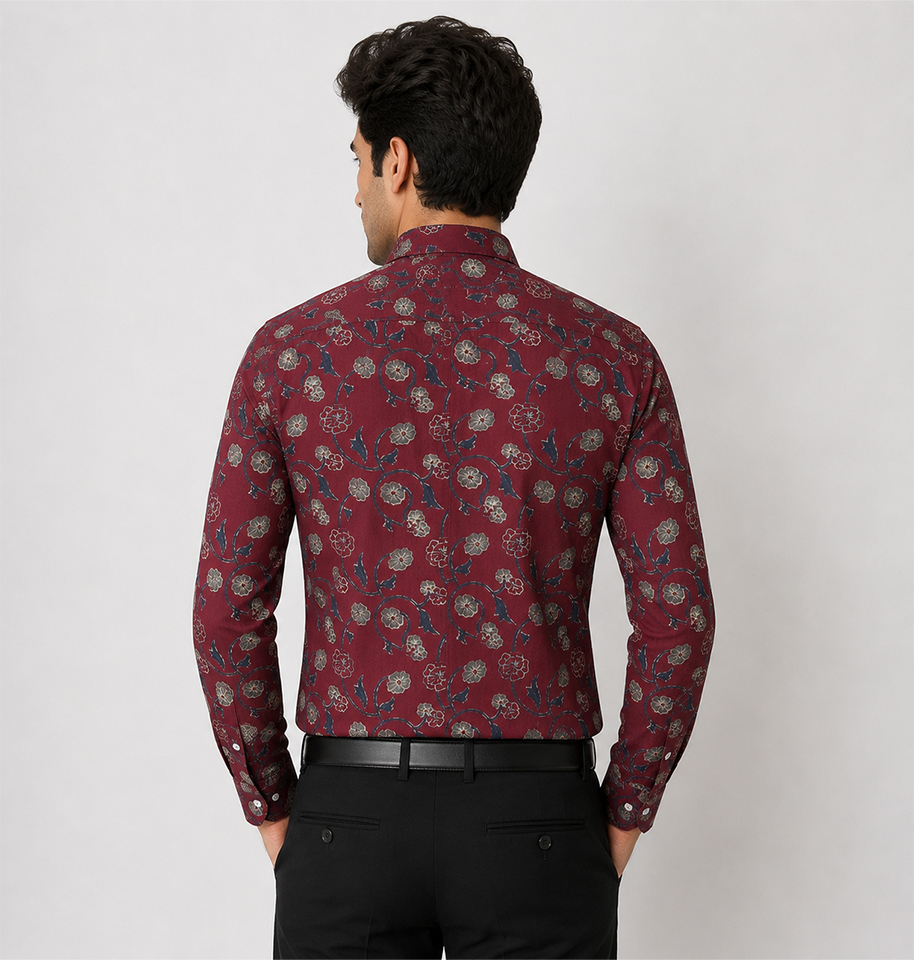 Maroon Floral Block Printed Full Sleeve Cotton Shirt - Image 2