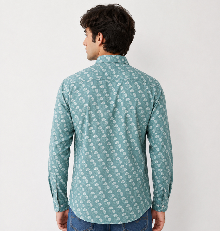 Sea Green Floral Block Printed Full Sleeve Cotton Shirt - Image 3