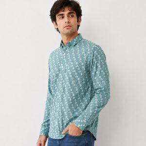 Sea Green Floral Block Printed Full Sleeve Cotton Shirt