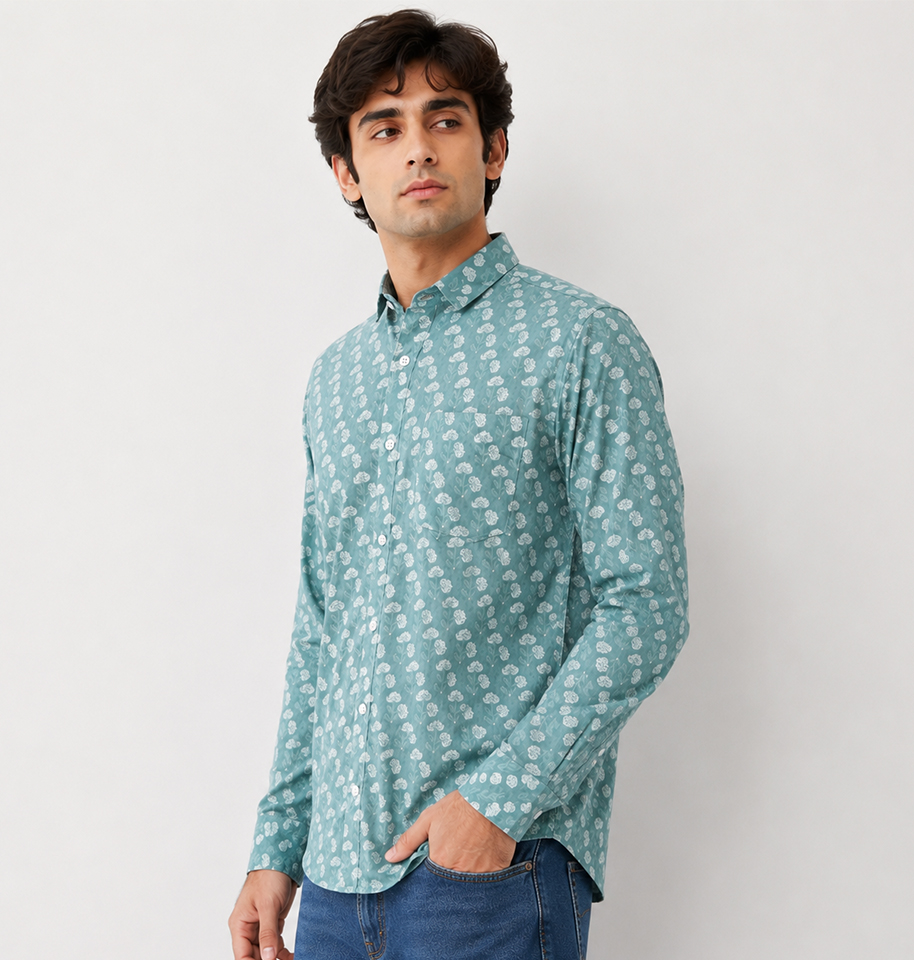 Sea Green Floral Block Printed Full Sleeve Cotton Shirt