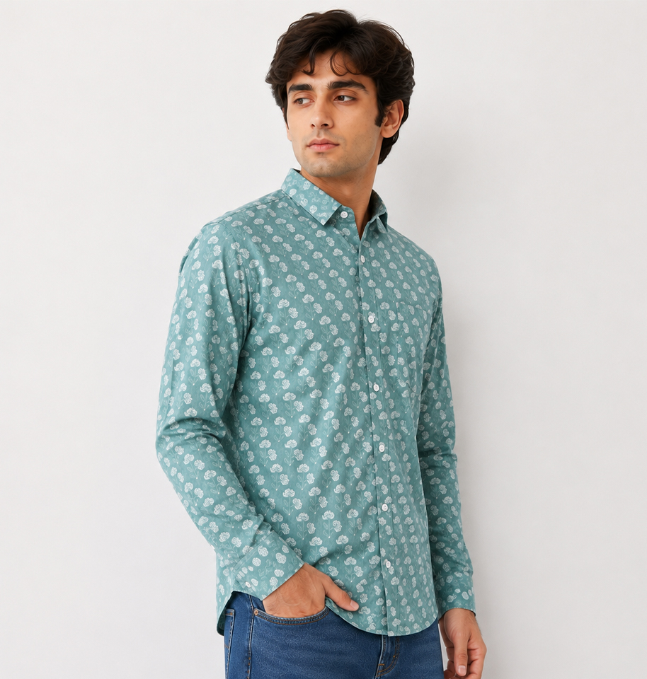 Sea Green Floral Block Printed Full Sleeve Cotton Shirt - Image 2