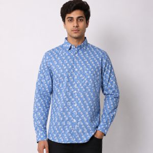 Sky Blue Floral Block Printed Full Sleeve Cotton Shirt