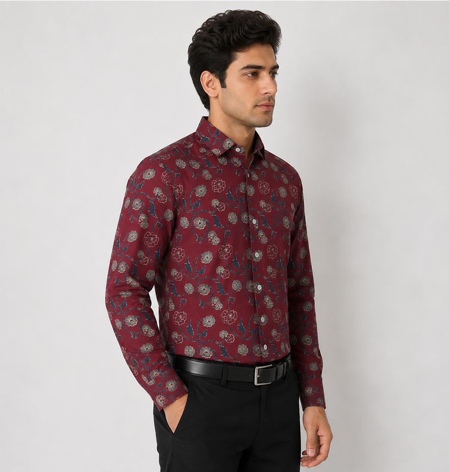 Maroon Floral Block Printed Full Sleeve Cotton Shirt - Image 3
