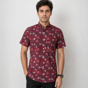 Maroon Floral Block Printed Half Sleeve Cotton Shirt