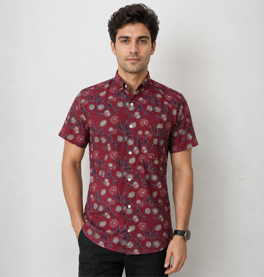 Maroon Floral Block Printed Half Sleeve Cotton Shirt