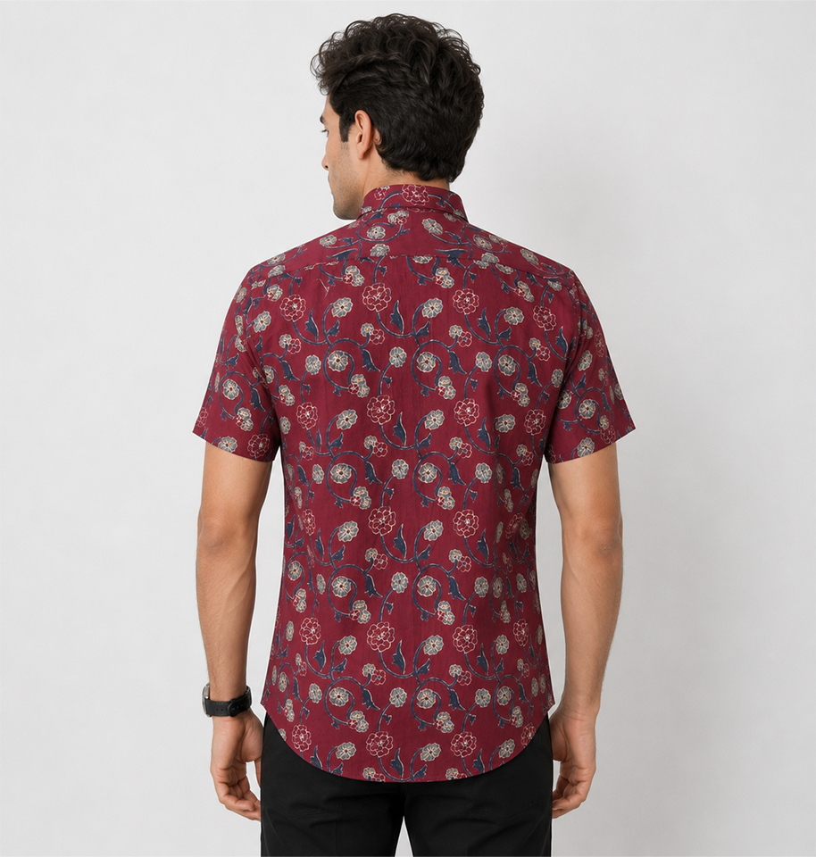 Maroon Floral Block Printed Half Sleeve Cotton Shirt - Image 4