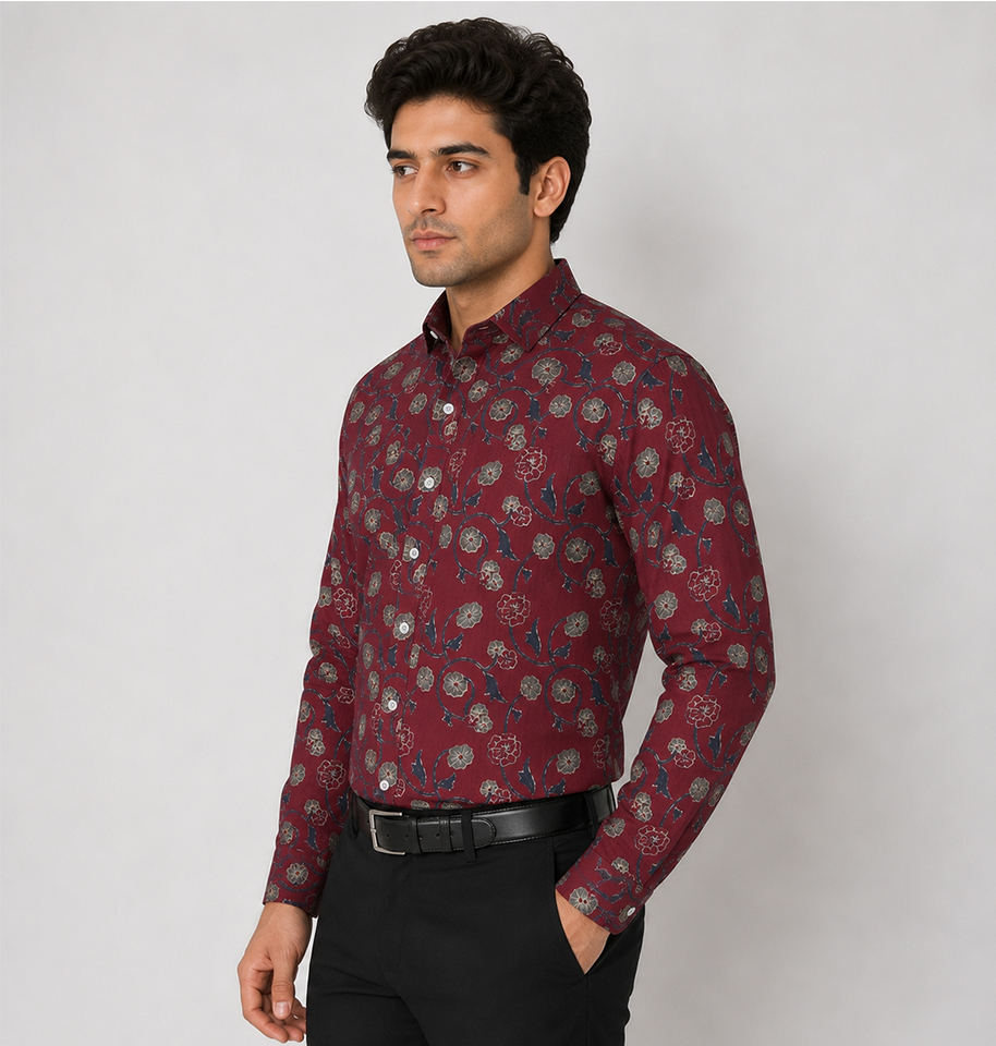 Maroon Floral Block Printed Full Sleeve Cotton Shirt - Image 4