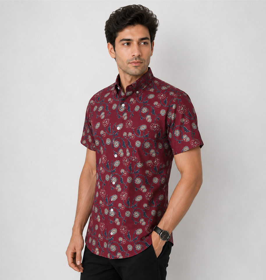 Maroon Floral Block Printed Half Sleeve Cotton Shirt - Image 2