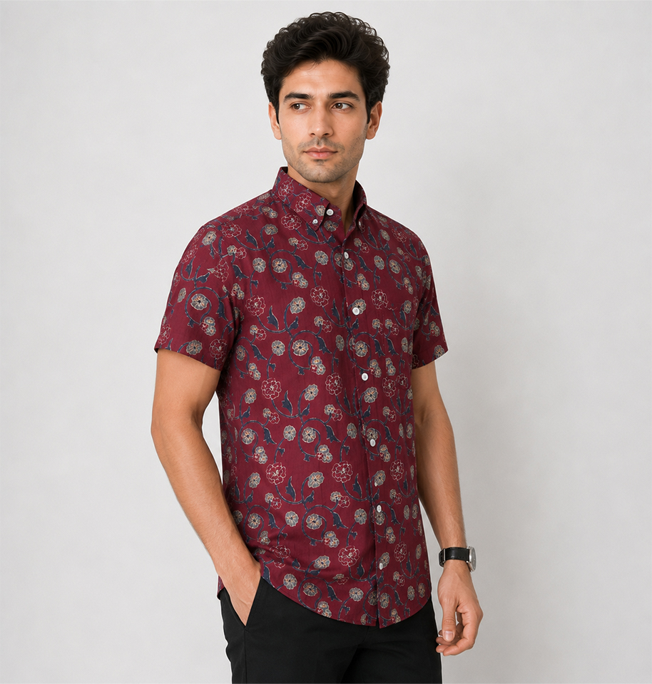 Maroon Floral Block Printed Half Sleeve Cotton Shirt - Image 3