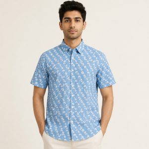 Sky Blue Floral Block Printed Half Sleeve Cotton Shirt