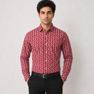 Crimson Red Abstract Block Printed Full Sleeve Cotton Shirt
