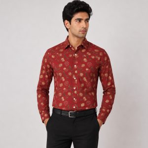 Rust Red Floral Block Printed Full Sleeve Cotton Shirt
