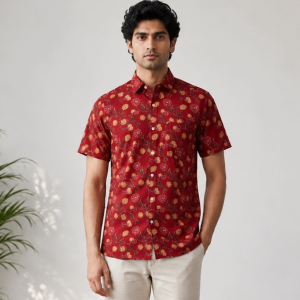 Rust Red Floral Block Printed Half Sleeve Cotton Shirt