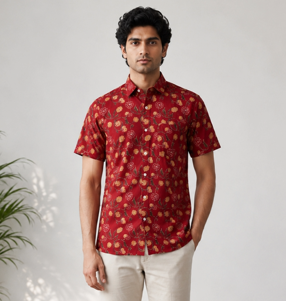 Rust Red Floral Block Printed Half Sleeve Cotton Shirt