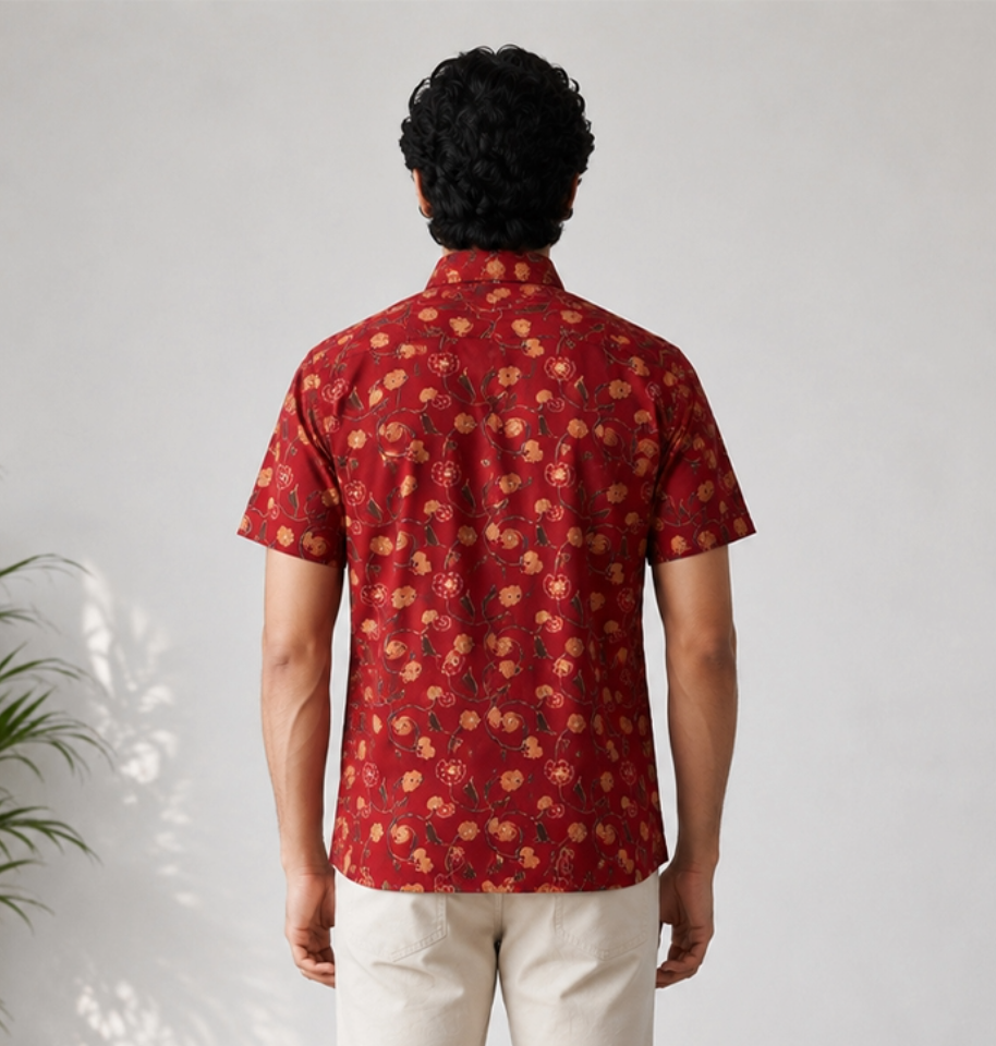 Rust Red Floral Block Printed Half Sleeve Cotton Shirt - Image 4