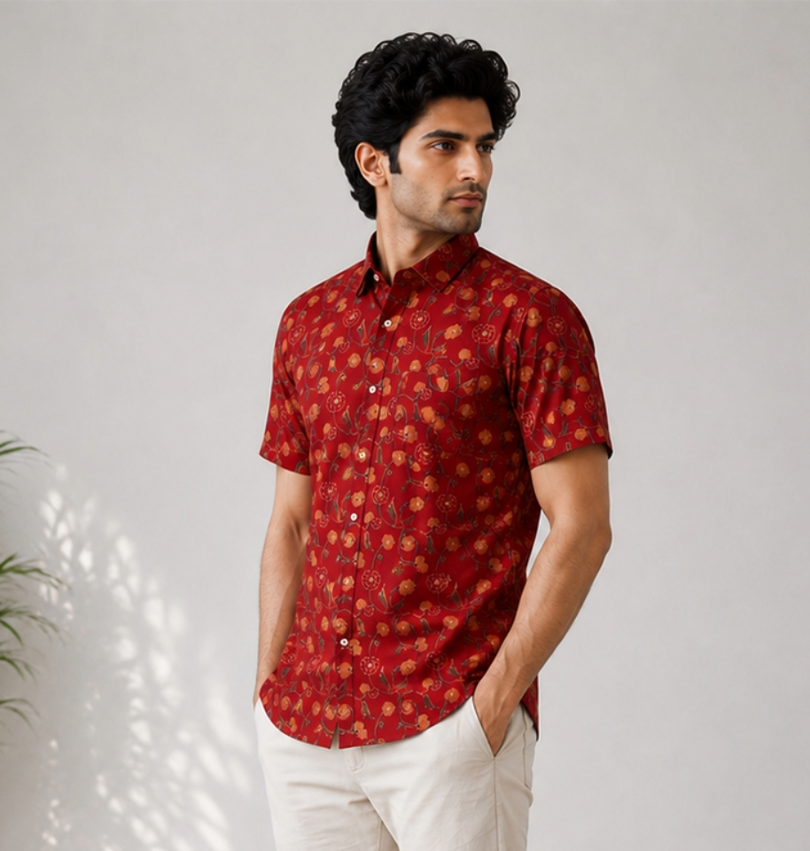 Rust Red Floral Block Printed Half Sleeve Cotton Shirt - Image 2