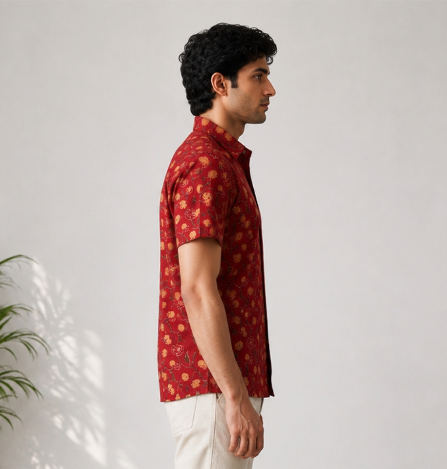 Rust Red Floral Block Printed Half Sleeve Cotton Shirt - Image 3
