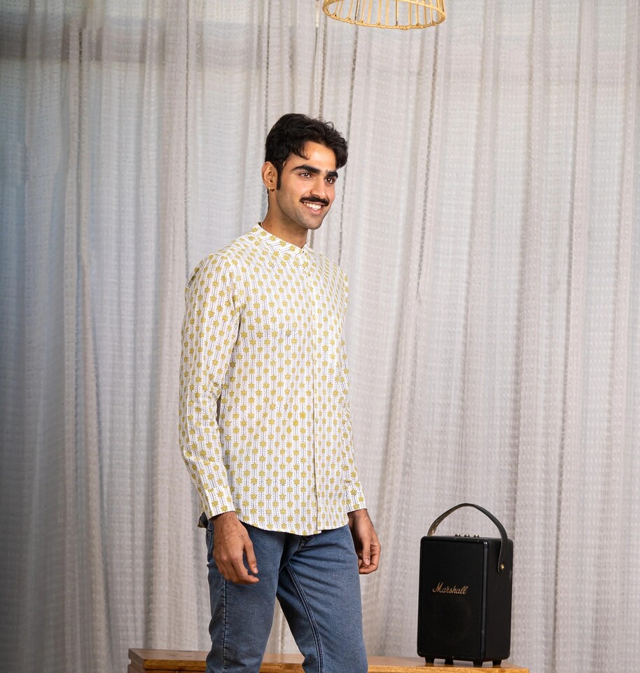 Full Sleeve Hand Block Print Kurta Shirt with Mustard Geometric Print and 100% Cotton - Image 4
