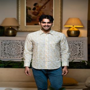 Full Sleeve Hand Block Print Shirt with Elegant Beige Color and 100% Cotton