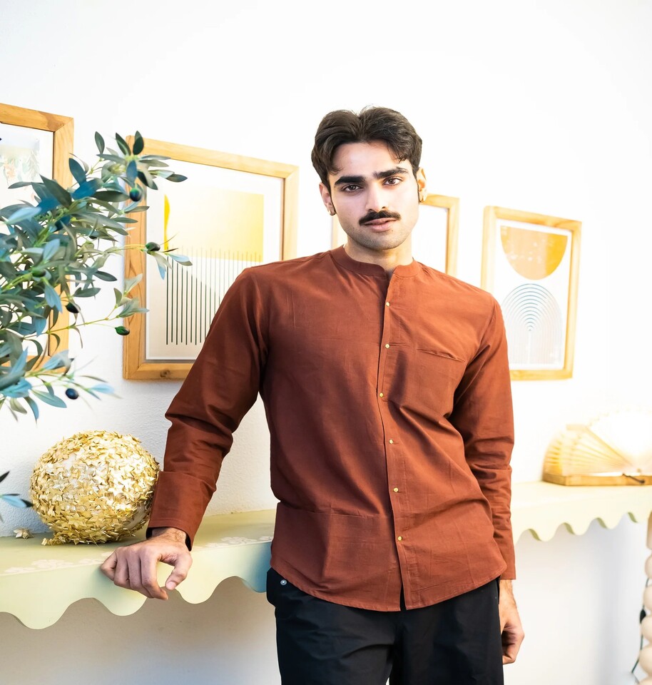 Full Sleeve Classic Rust Brown Mandarin Collar Shirt