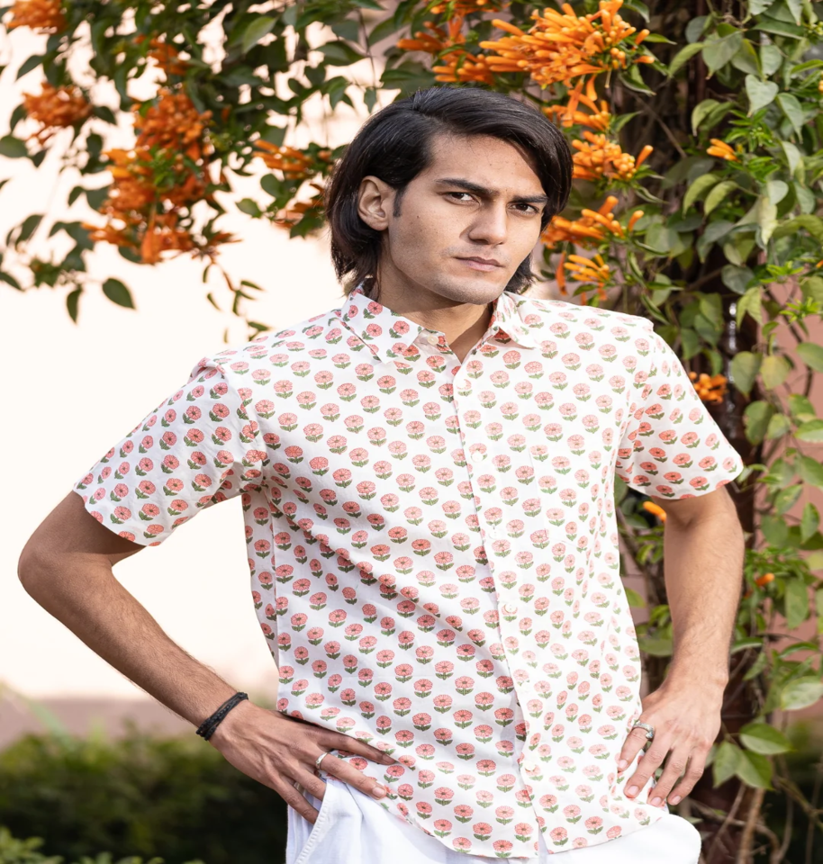 Soft Petal Pattern Hand Block Print Half-sleeve 100% Cotton Shirt - Image 3