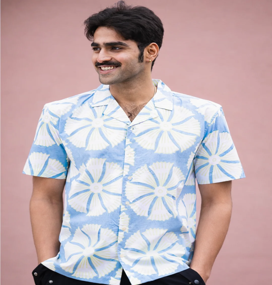 Sea Flower Hand Block Print Half-Sleeve 100% Cotton Shirt - Image 2