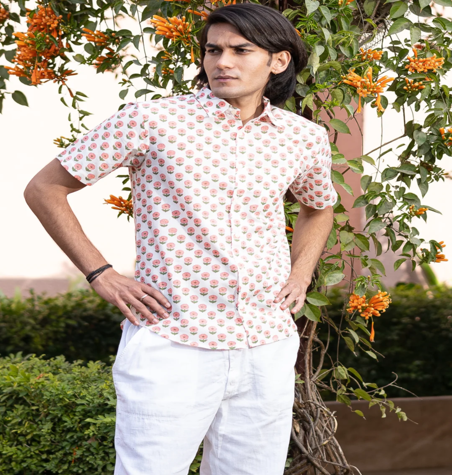 Soft Petal Pattern Hand Block Print Half-sleeve 100% Cotton Shirt - Image 2
