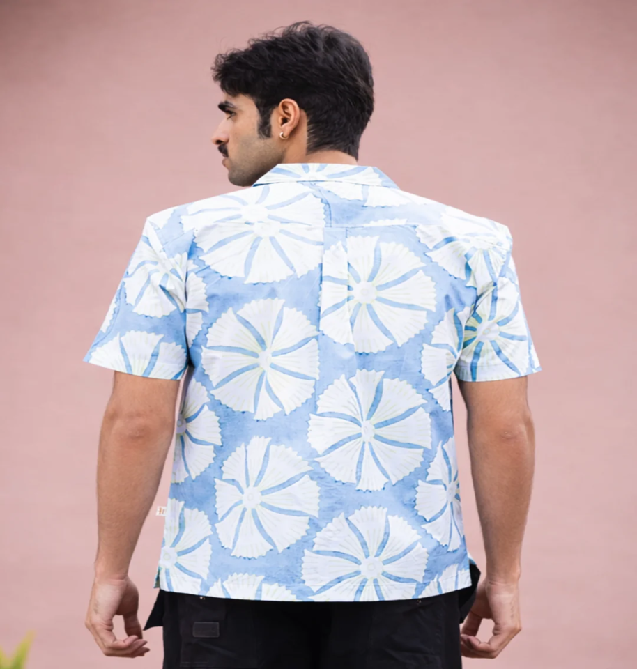 Sea Flower Hand Block Print Half-Sleeve 100% Cotton Shirt - Image 3