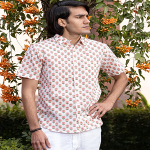 Soft Petal Pattern Hand Block Print Half-sleeve 100% Cotton Shirt